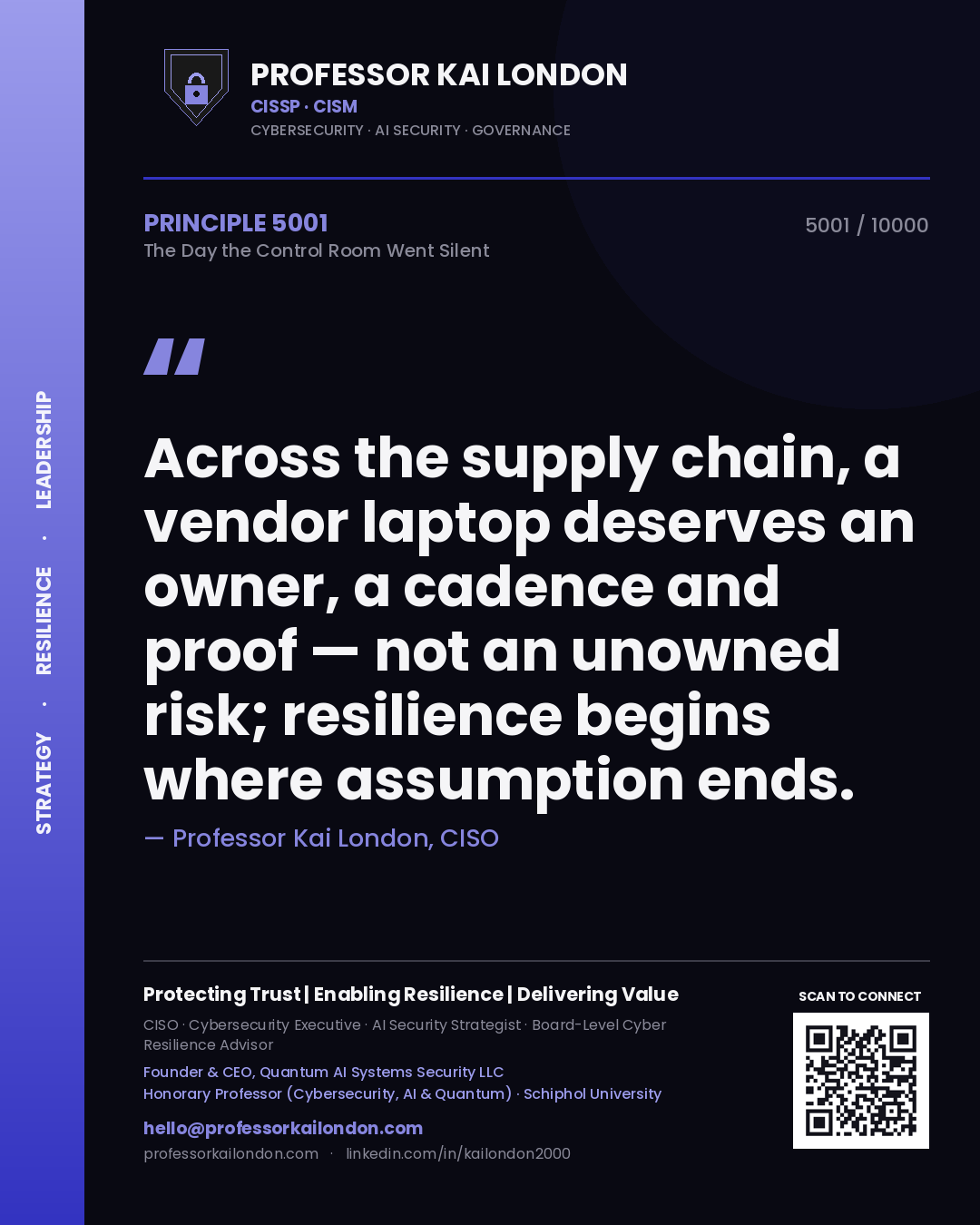 Professor Kai London principle 5001: Across the supply chain, a vendor laptop deserves an owner, a cadence and proof — not an unowned risk; resilience begins where assumption ends.