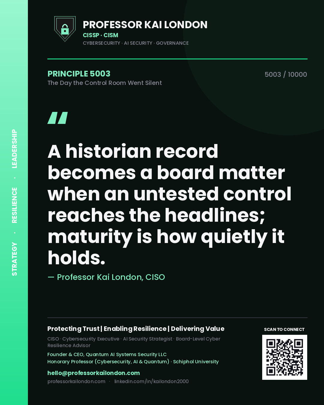 Quote card by Professor Kai London reading 'A historian record becomes a board matter when an untested control reaches the headlines; maturity is how quietly it holds.'. From the book The Day the Control Room Went Silent.