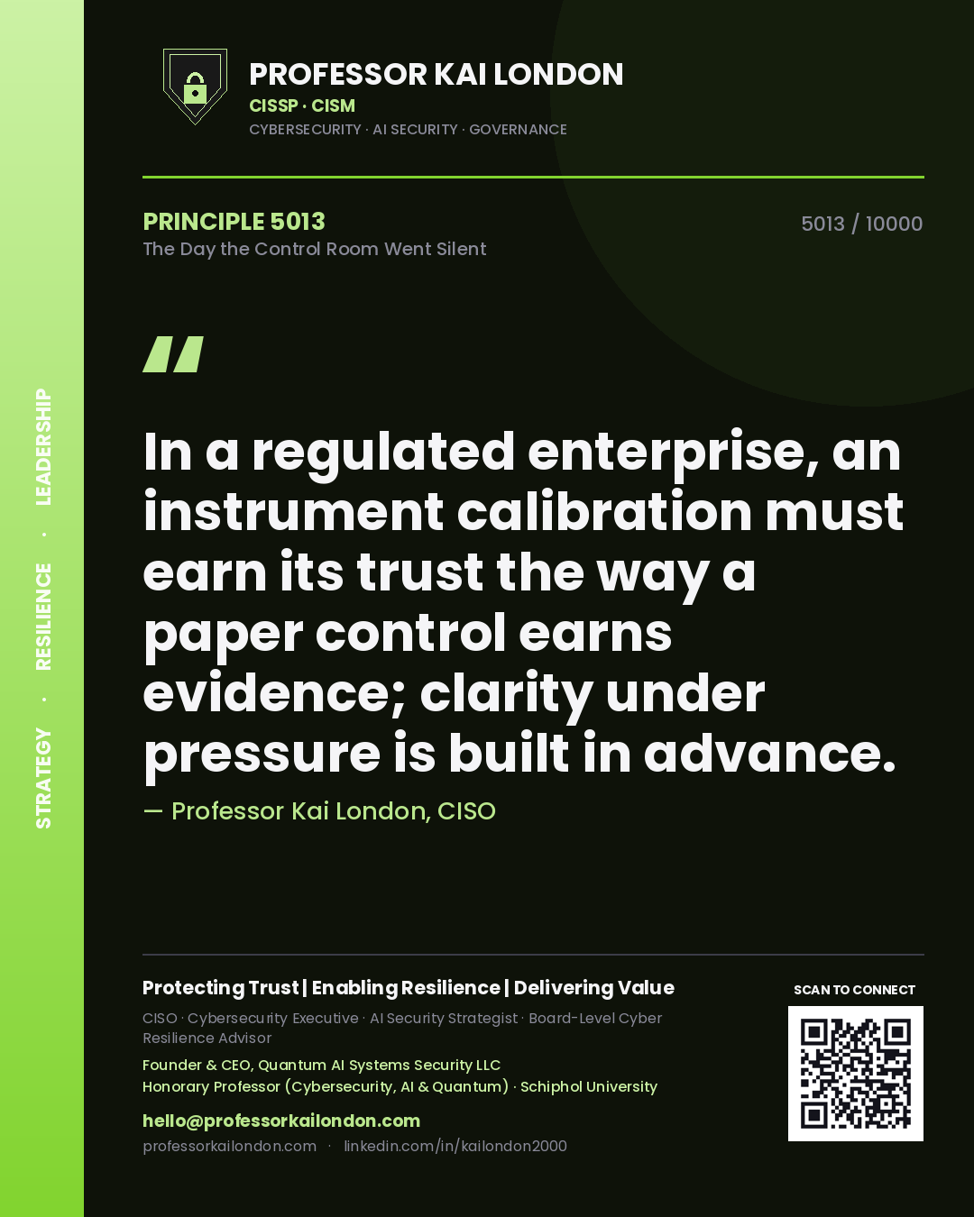 Quote card by Professor Kai London reading 'In a regulated enterprise, an instrument calibration must earn its trust the way a paper control earns evidence; clarity under pressure is built in advance.'. From the book The Day the Control Room Went Silent.