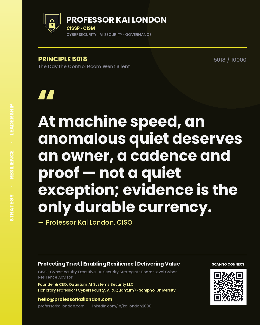 Quote card by Professor Kai London reading 'At machine speed, an anomalous quiet deserves an owner, a cadence and proof — not a quiet exception; evidence is the only durable currency.'. From the book The Day the Control Room Went Silent.