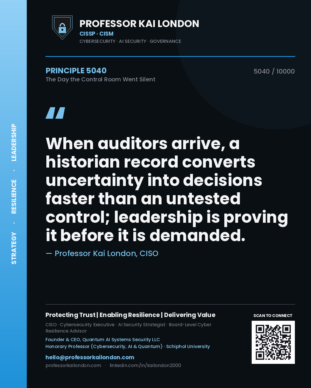Quote card by Professor Kai London reading 'When auditors arrive, a historian record converts uncertainty into decisions faster than an untested control; leadership is proving it before it is demanded.'. From the book The Day the Control Room Went Silent.