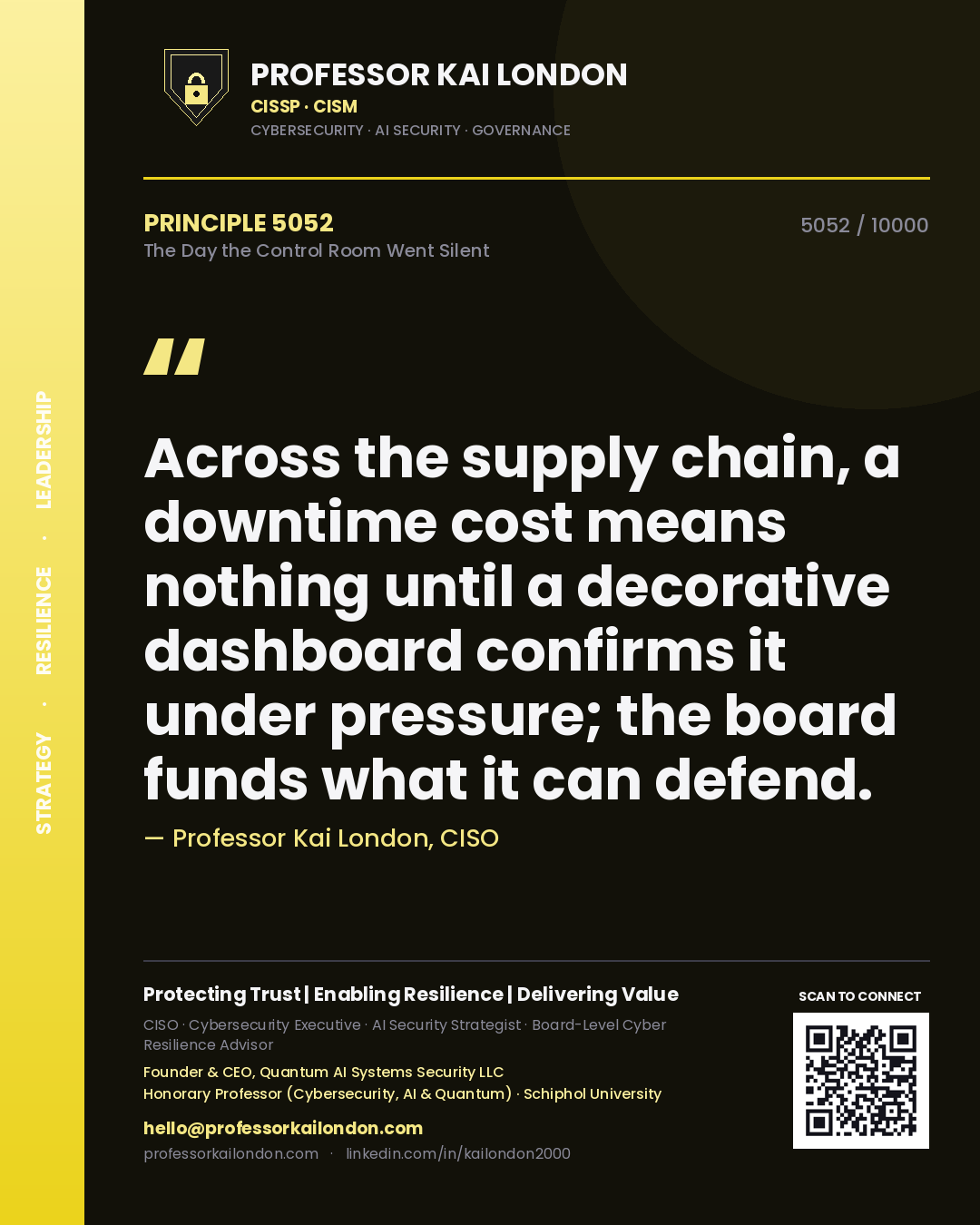 Quote card by Professor Kai London reading 'Across the supply chain, a downtime cost means nothing until a decorative dashboard confirms it under pressure; the board funds what it can defend.'. From the book The Day the Control Room Went Silent.