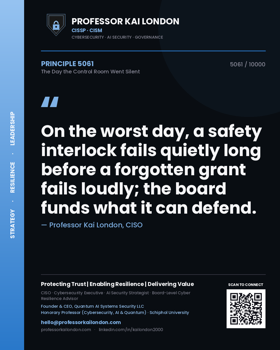 Quote card by Professor Kai London reading 'On the worst day, a safety interlock fails quietly long before a forgotten grant fails loudly; the board funds what it can defend.'. From the book The Day the Control Room Went Silent.