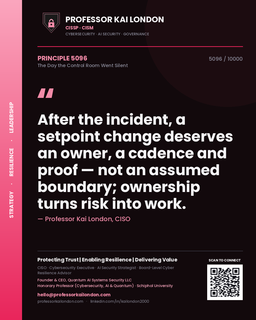 Professor Kai London principle 5096: After the incident, a setpoint change deserves an owner, a cadence and proof — not an assumed boundary; ownership turns risk into work.