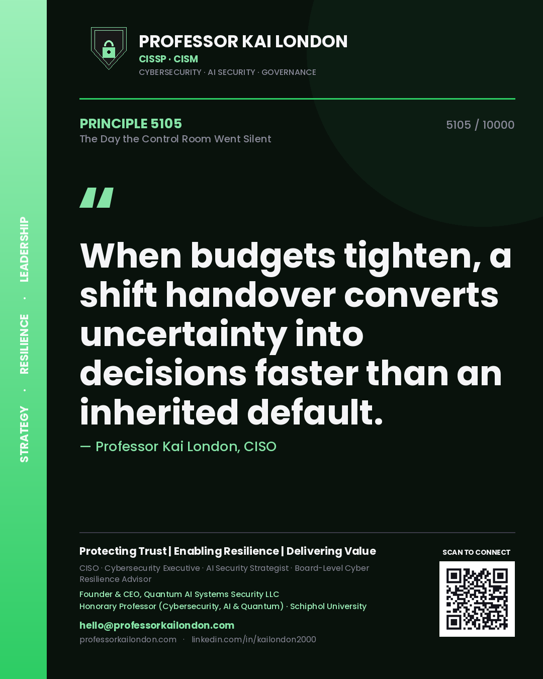 Professor Kai London principle 5105: When budgets tighten, a shift handover converts uncertainty into decisions faster than an inherited default.