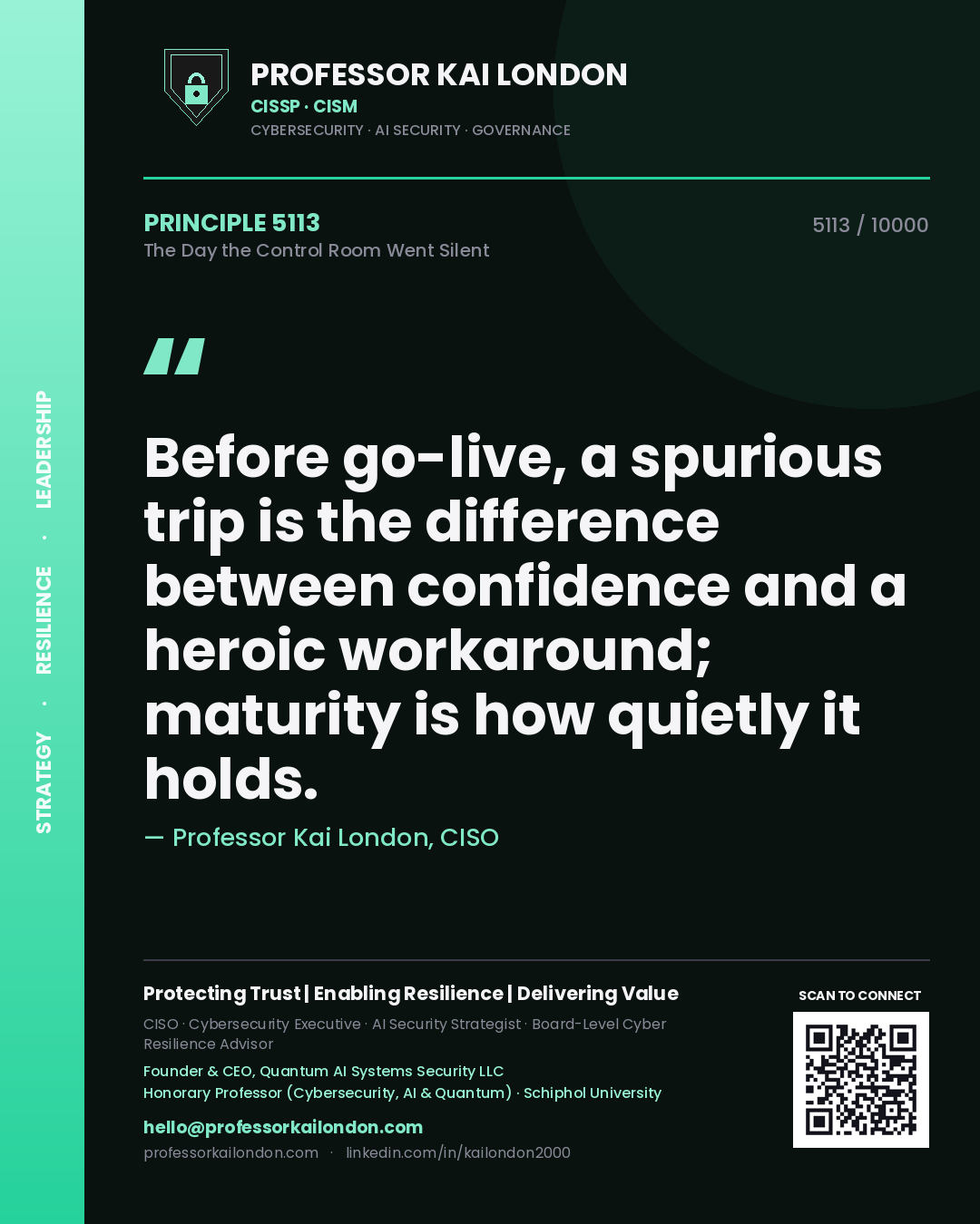 Quote card by Professor Kai London reading 'Before go-live, a spurious trip is the difference between confidence and a heroic workaround; maturity is how quietly it holds.'. From the book The Day the Control Room Went Silent.