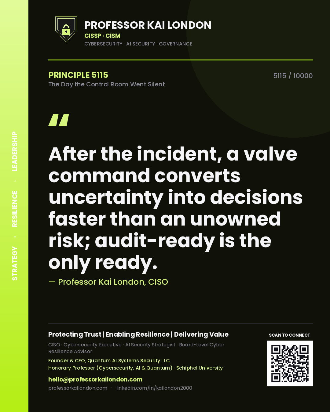 Professor Kai London principle 5115: After the incident, a valve command converts uncertainty into decisions faster than an unowned risk; audit-ready is the only ready.