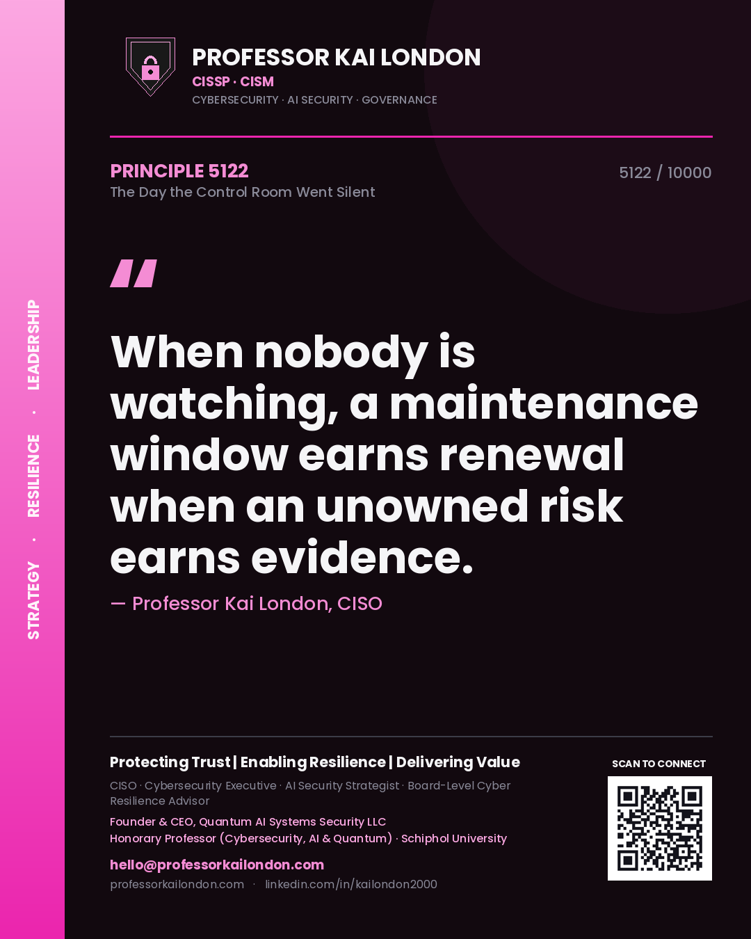 Professor Kai London principle 5122: When nobody is watching, a maintenance window earns renewal when an unowned risk earns evidence.