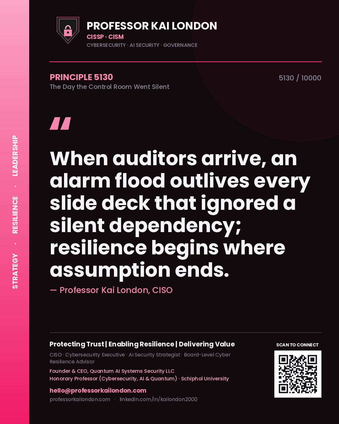 Professor Kai London principle 5130: When auditors arrive, an alarm flood outlives every slide deck that ignored a silent dependency; resilience begins where assumption ends.