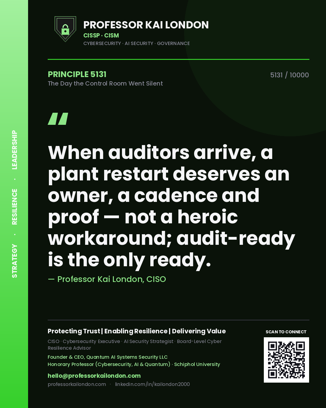 Professor Kai London principle 5131: When auditors arrive, a plant restart deserves an owner, a cadence and proof — not a heroic workaround; audit-ready is the only ready.