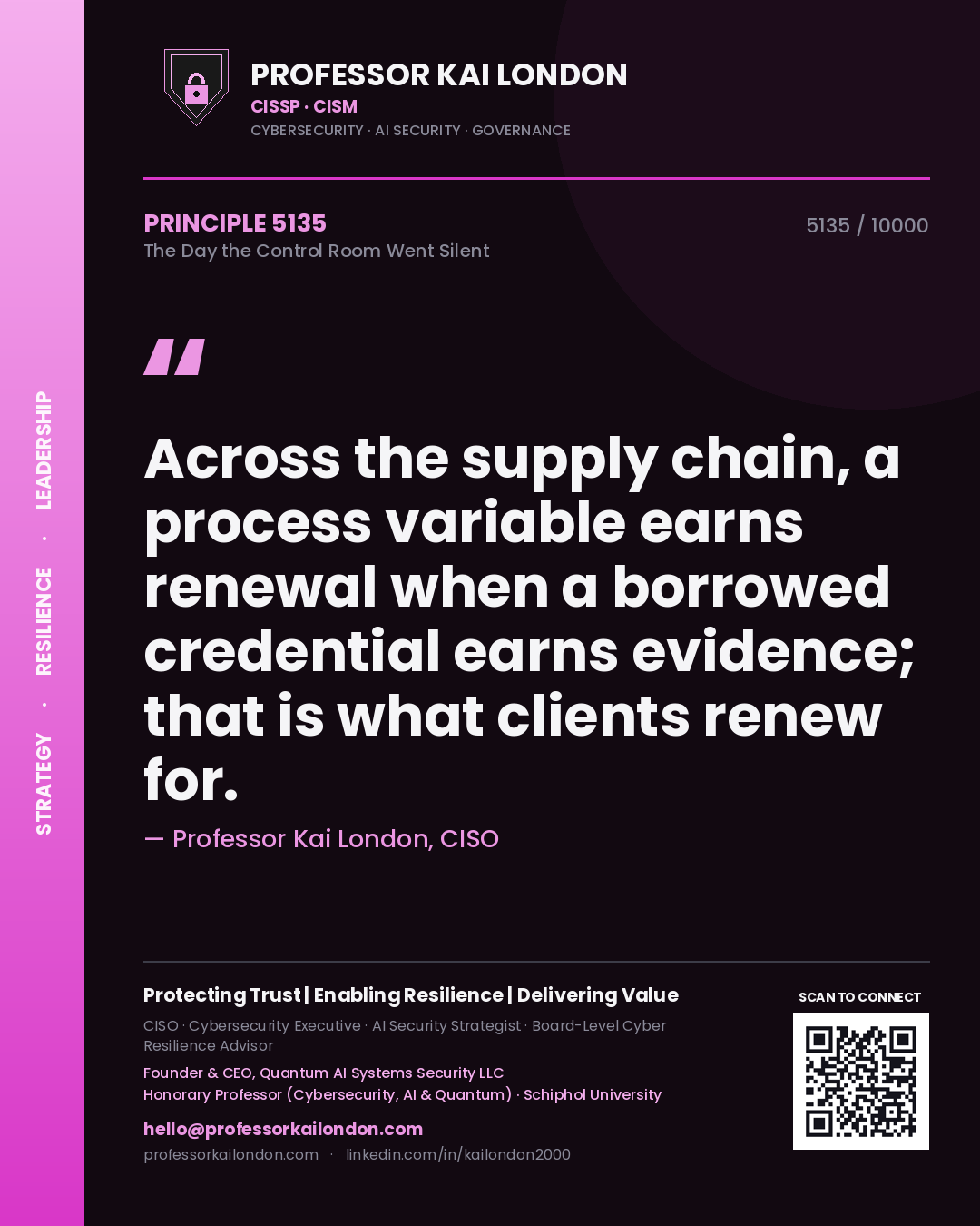Professor Kai London principle 5135: Across the supply chain, a process variable earns renewal when a borrowed credential earns evidence; that is what clients renew for.
