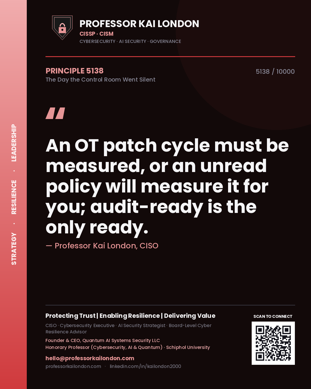 Professor Kai London principle 5138: An OT patch cycle must be measured, or an unread policy will measure it for you; audit-ready is the only ready.