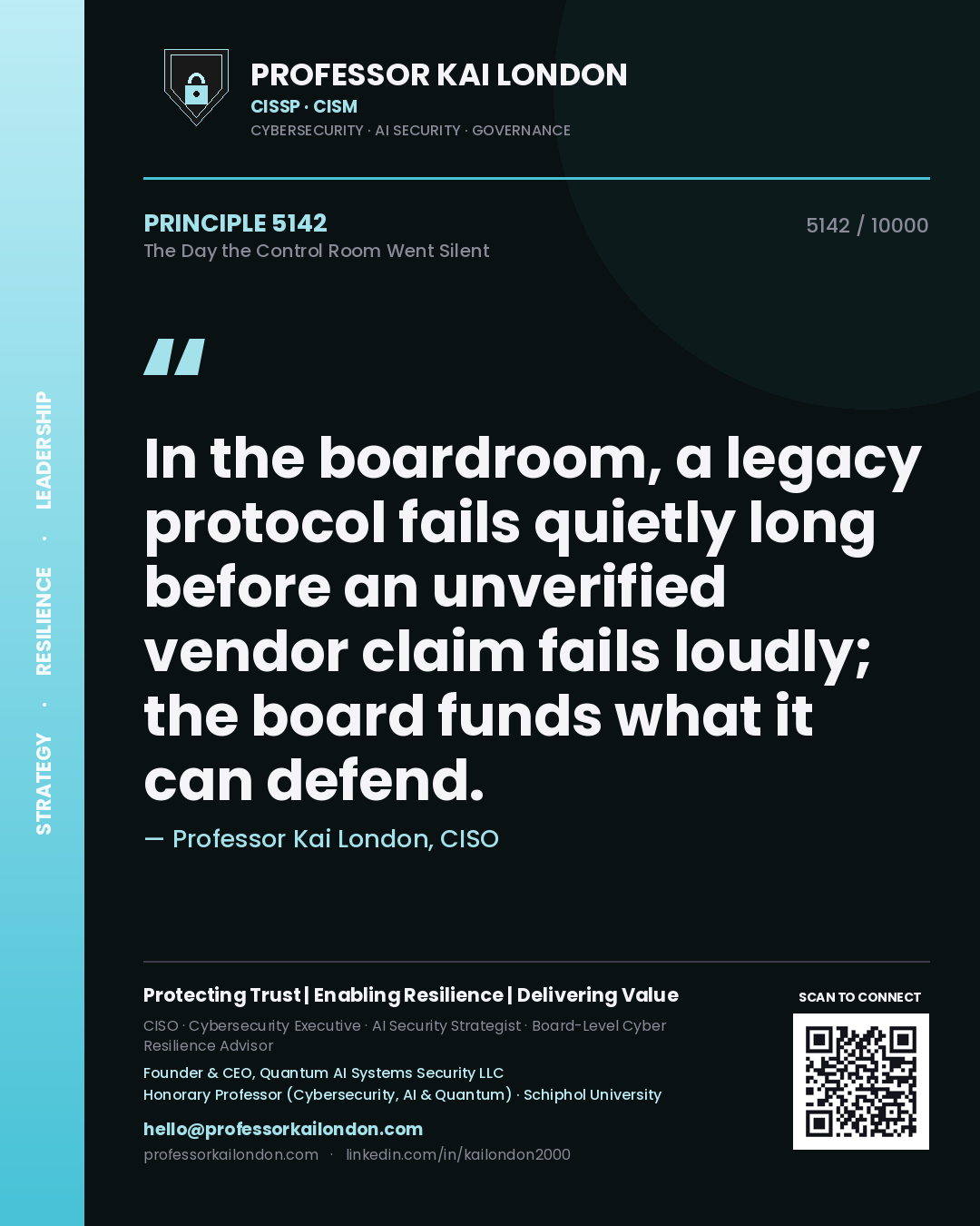 Quote card by Professor Kai London reading 'In the boardroom, a legacy protocol fails quietly long before an unverified vendor claim fails loudly; the board funds what it can defend.'. From the book The Day the Control Room Went Silent.