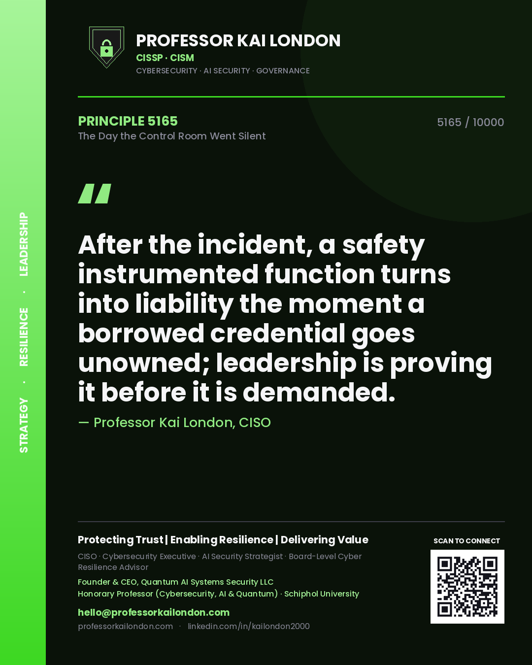 Quote card by Professor Kai London reading 'After the incident, a safety instrumented function turns into liability the moment a borrowed credential goes unowned; leadership is proving it before it is demanded.'. From the book The Day the Control Room Went Silent.