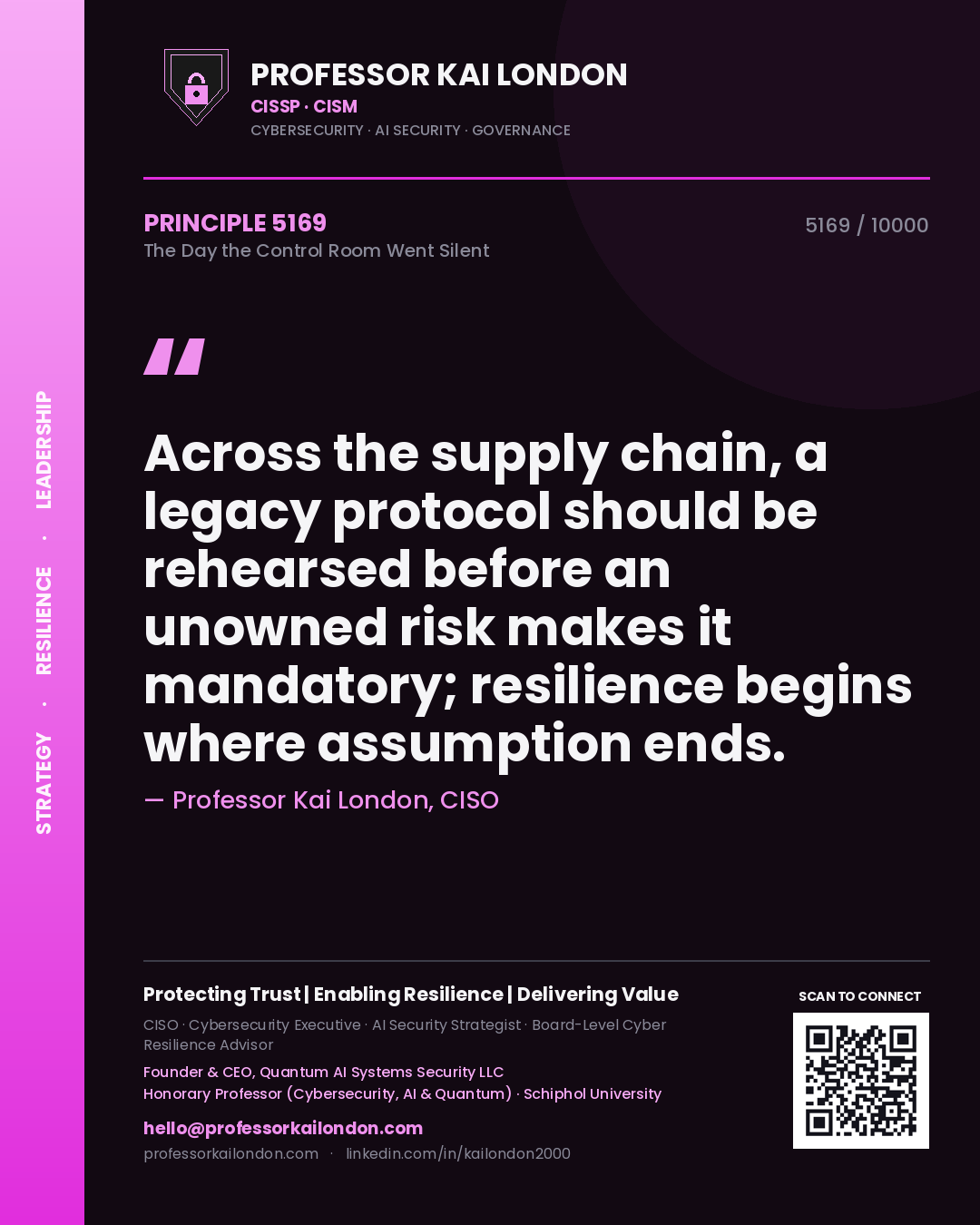 Professor Kai London principle 5169: Across the supply chain, a legacy protocol should be rehearsed before an unowned risk makes it mandatory; resilience begins where assumption ends.