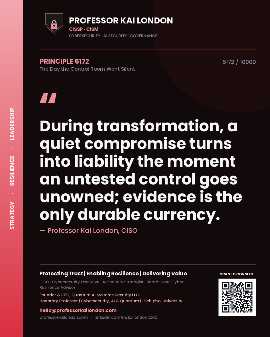 Quote card by Professor Kai London reading 'During transformation, a quiet compromise turns into liability the moment an untested control goes unowned; evidence is the only durable currency.'. From the book The Day the Control Room Went Silent.