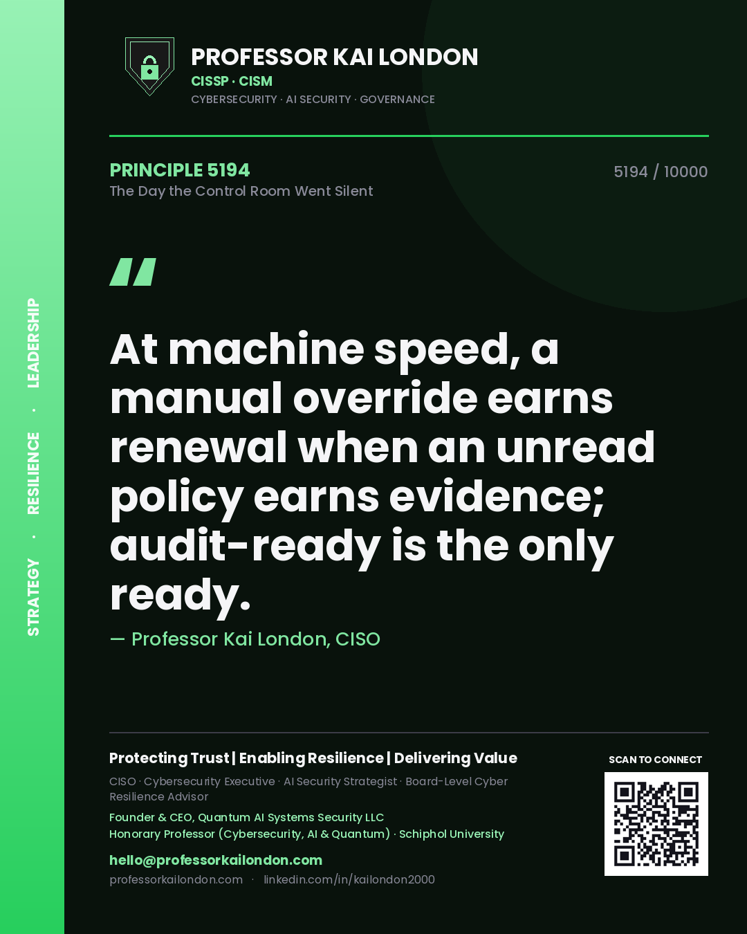 Professor Kai London principle 5194: At machine speed, a manual override earns renewal when an unread policy earns evidence; audit-ready is the only ready.