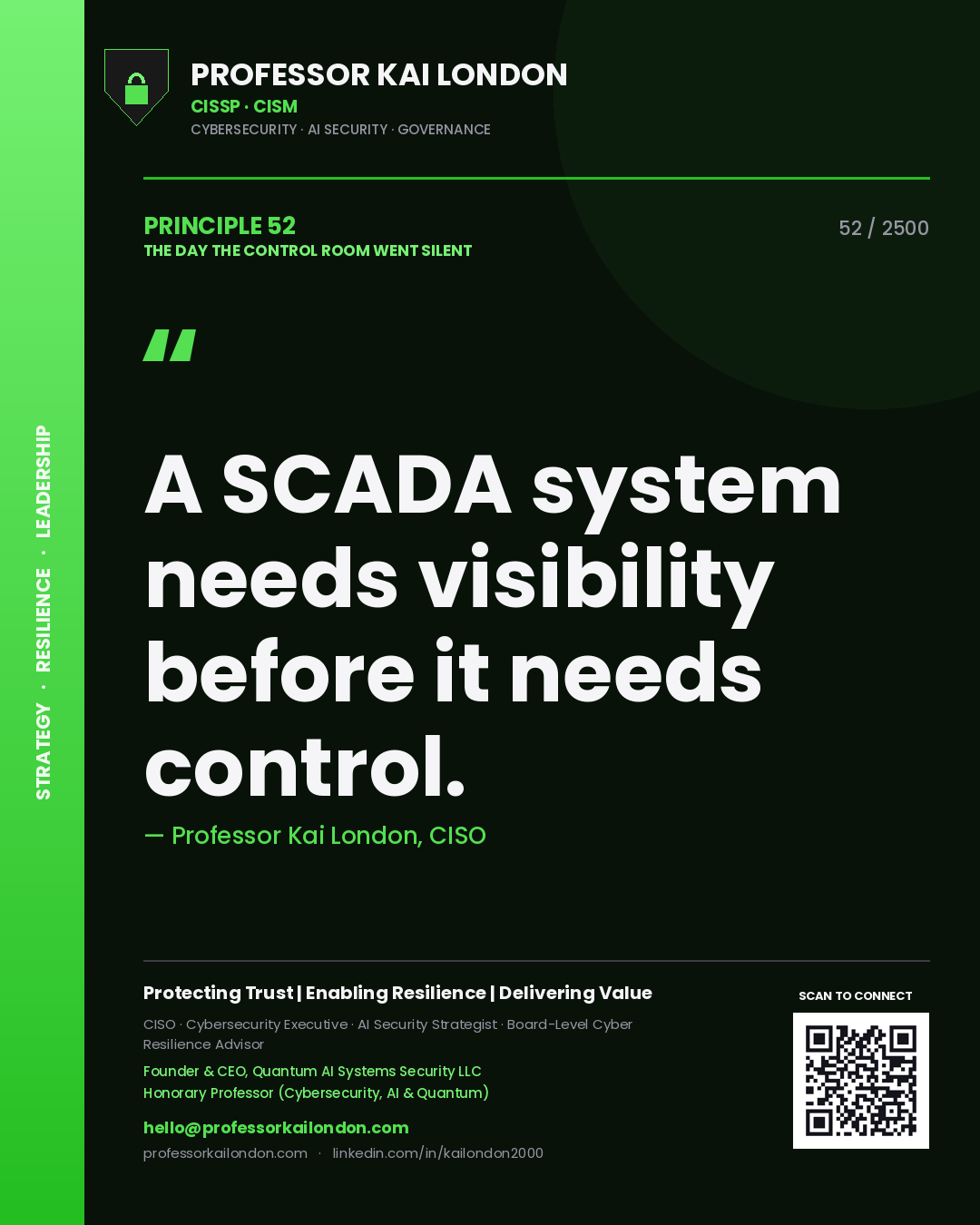 Quote card by Professor Kai London reading 'A SCADA system needs visibility before it needs control.'. From the book The Day the Control Room Went Silent.