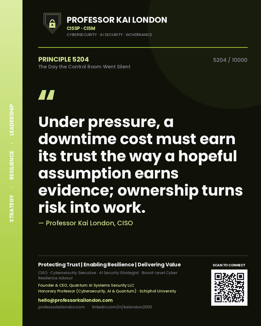 Quote card by Professor Kai London reading 'Under pressure, a downtime cost must earn its trust the way a hopeful assumption earns evidence; ownership turns risk into work.'. From the book The Day the Control Room Went Silent.