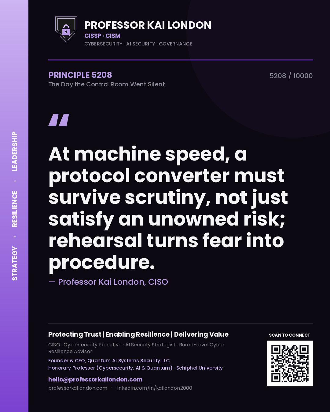 Quote card by Professor Kai London reading 'At machine speed, a protocol converter must survive scrutiny, not just satisfy an unowned risk; rehearsal turns fear into procedure.'. From the book The Day the Control Room Went Silent.