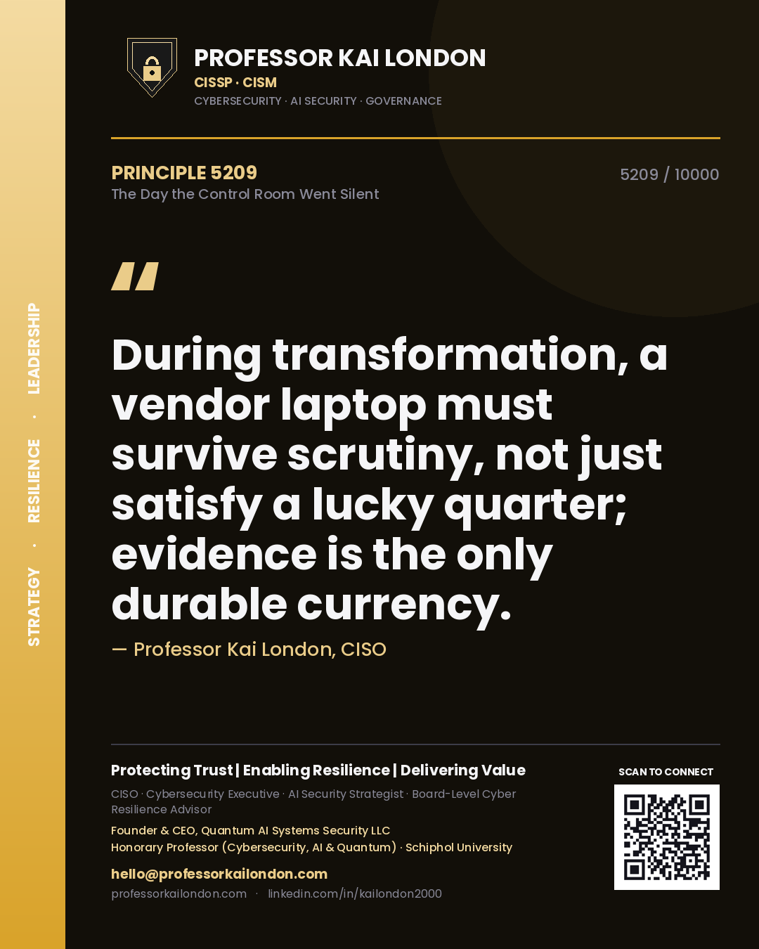 Quote card by Professor Kai London reading 'During transformation, a vendor laptop must survive scrutiny, not just satisfy a lucky quarter; evidence is the only durable currency.'. From the book The Day the Control Room Went Silent.