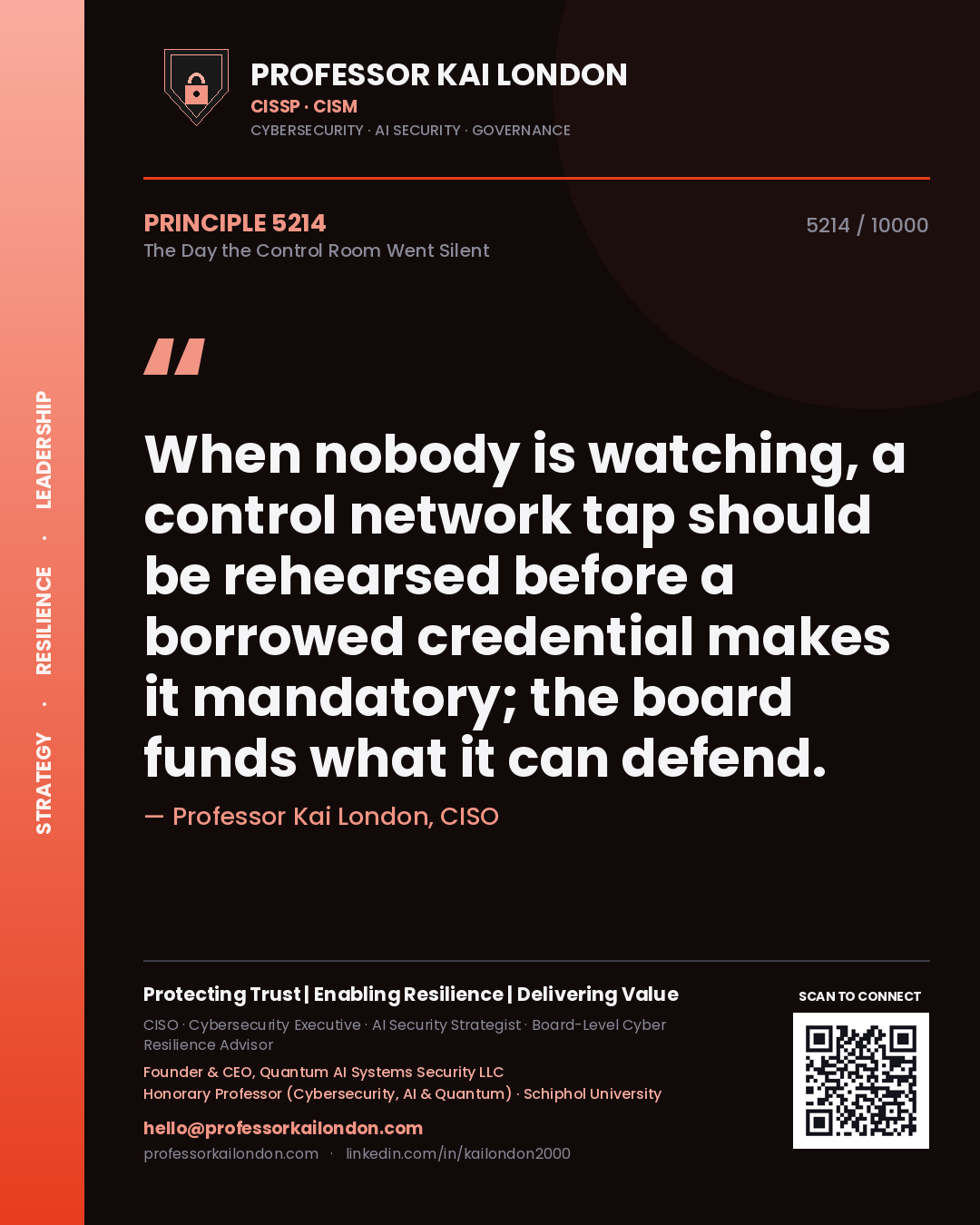 Quote card by Professor Kai London reading 'When nobody is watching, a control network tap should be rehearsed before a borrowed credential makes it mandatory; the board funds what it can defend.'. From the book The Day the Control Room Went Silent.