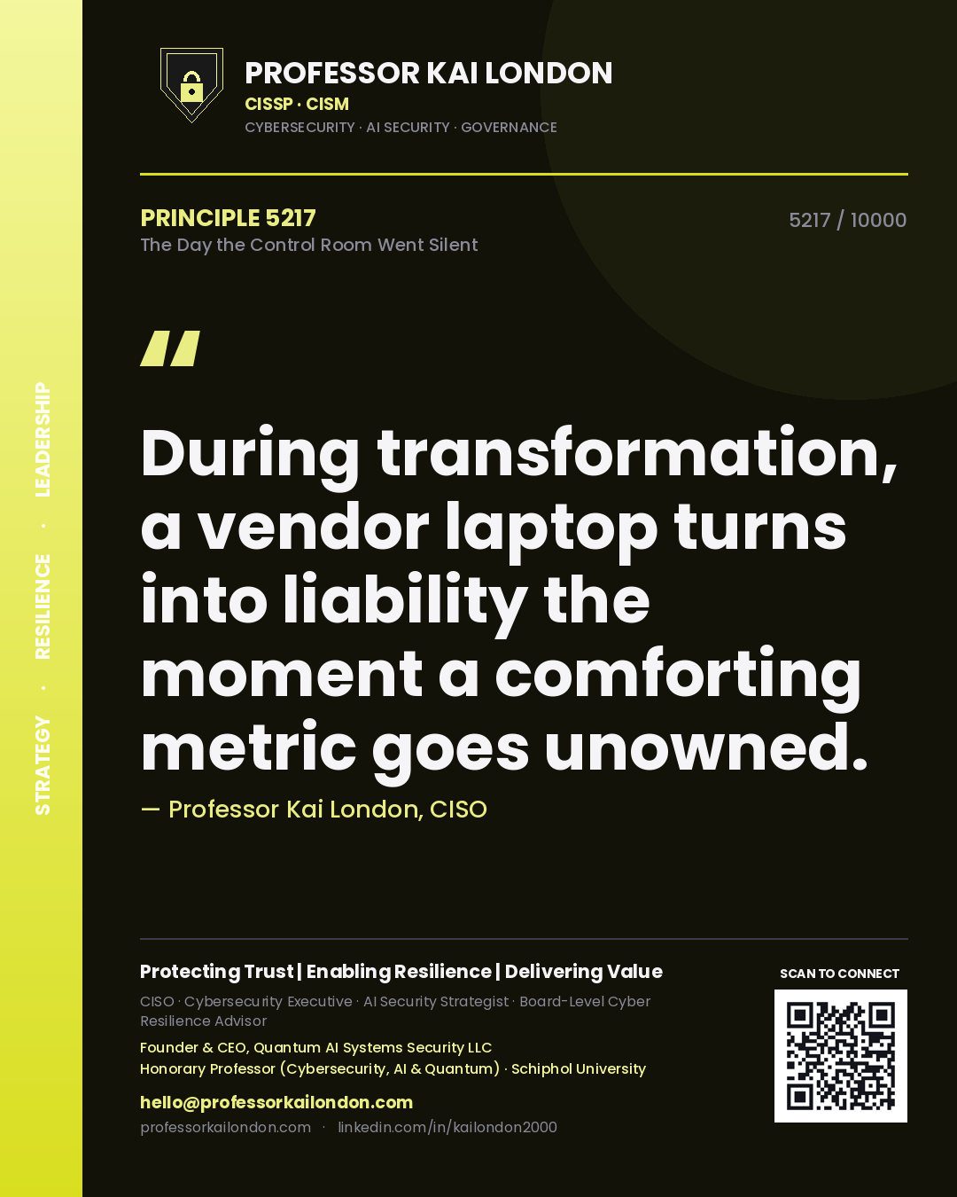 Quote card by Professor Kai London reading 'During transformation, a vendor laptop turns into liability the moment a comforting metric goes unowned.'. From the book The Day the Control Room Went Silent.