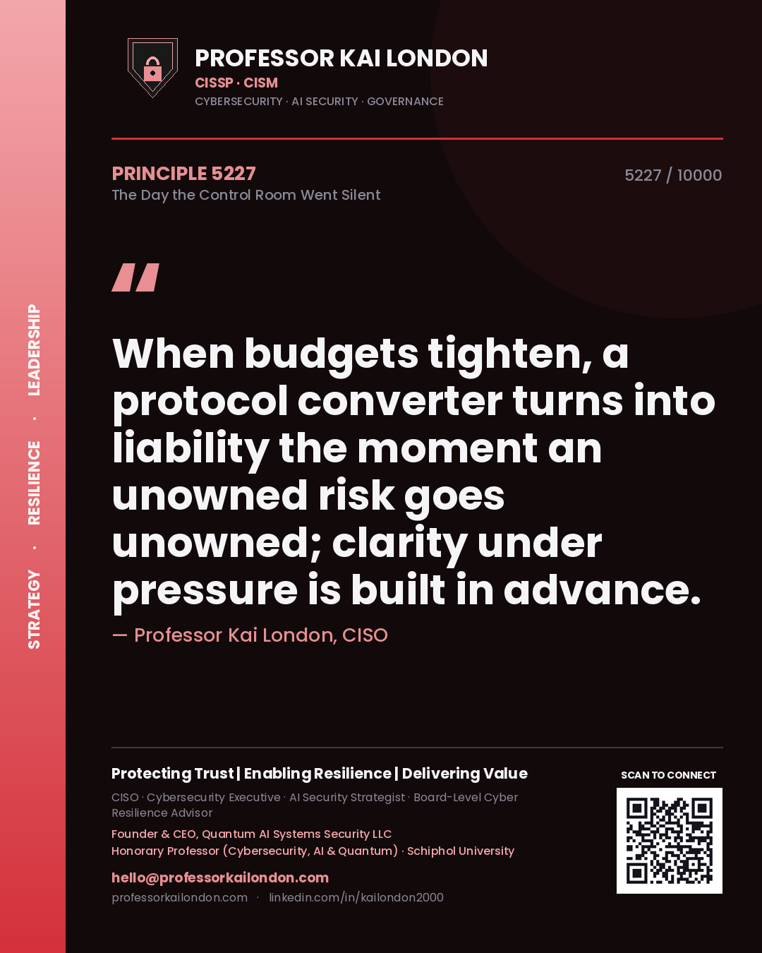 Quote card by Professor Kai London reading 'When budgets tighten, a protocol converter turns into liability the moment an unowned risk goes unowned; clarity under pressure is built in advance.'. From the book The Day the Control Room Went Silent.