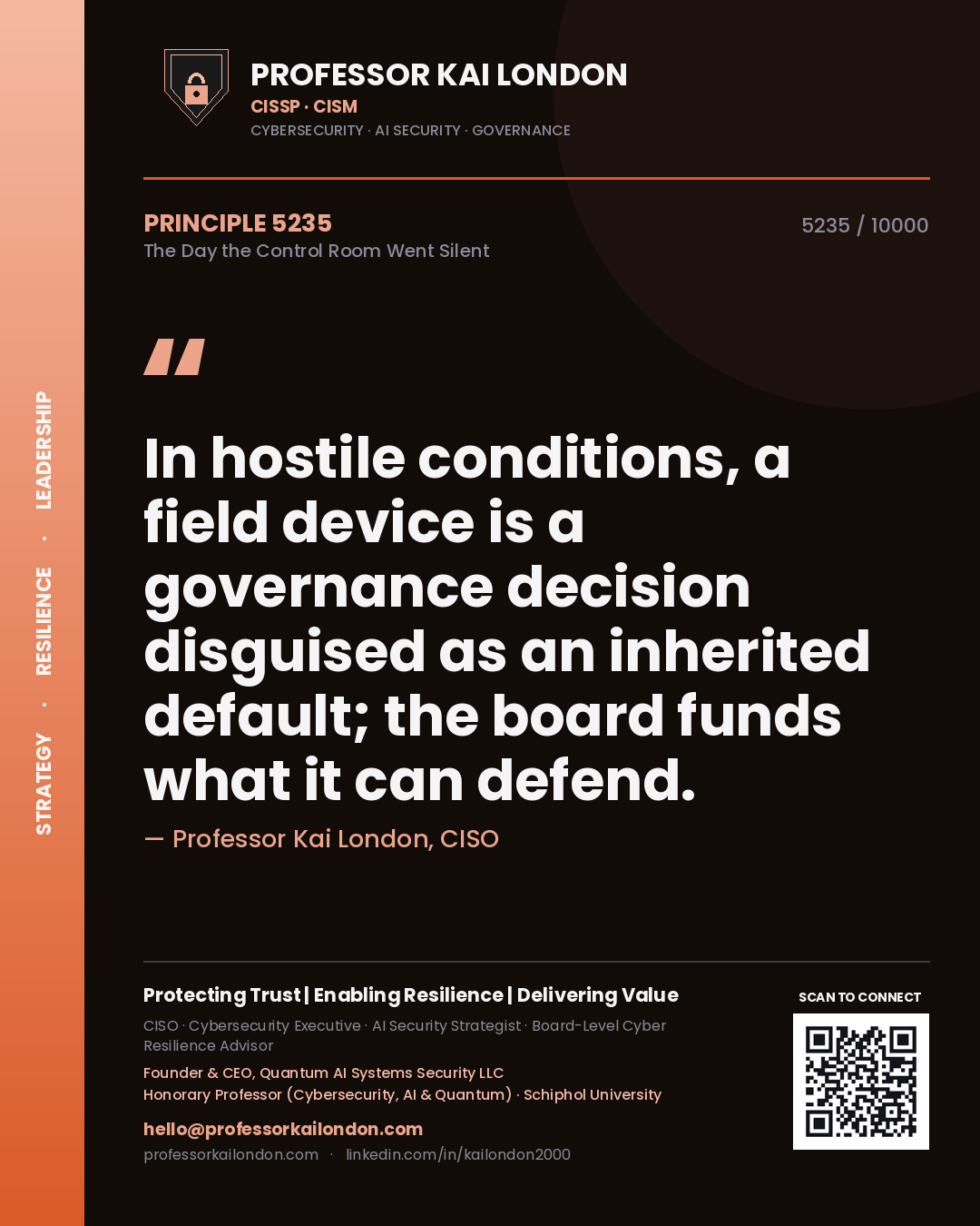 Quote card by Professor Kai London reading 'In hostile conditions, a field device is a governance decision disguised as an inherited default; the board funds what it can defend.'. From the book The Day the Control Room Went Silent.
