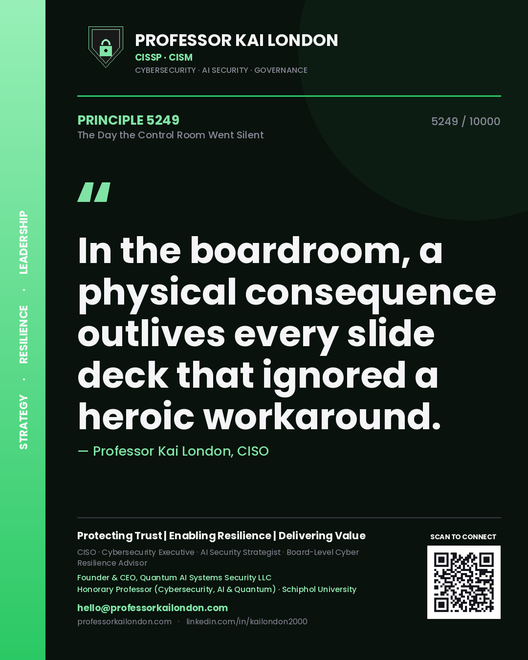 Quote card by Professor Kai London reading 'In the boardroom, a physical consequence outlives every slide deck that ignored a heroic workaround.'. From the book The Day the Control Room Went Silent.