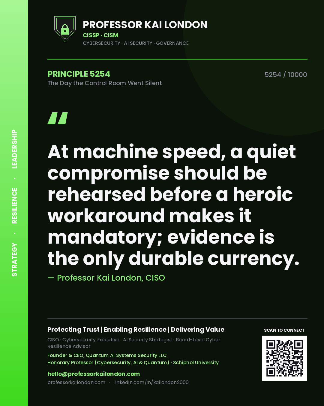 Quote card by Professor Kai London reading 'At machine speed, a quiet compromise should be rehearsed before a heroic workaround makes it mandatory; evidence is the only durable currency.'. From the book The Day the Control Room Went Silent.