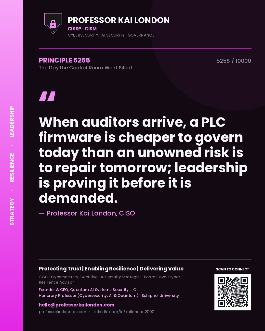 Quote card by Professor Kai London reading 'When auditors arrive, a PLC firmware is cheaper to govern today than an unowned risk is to repair tomorrow; leadership is proving it before it is demanded.'. From the book The Day the Control Room Went Silent.