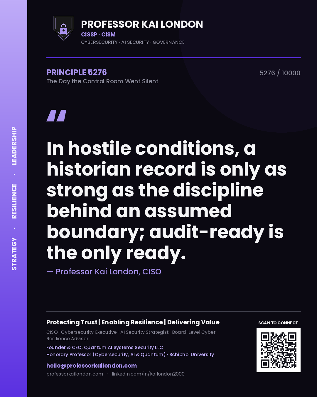 Quote card by Professor Kai London reading 'In hostile conditions, a historian record is only as strong as the discipline behind an assumed boundary; audit-ready is the only ready.'. From the book The Day the Control Room Went Silent.