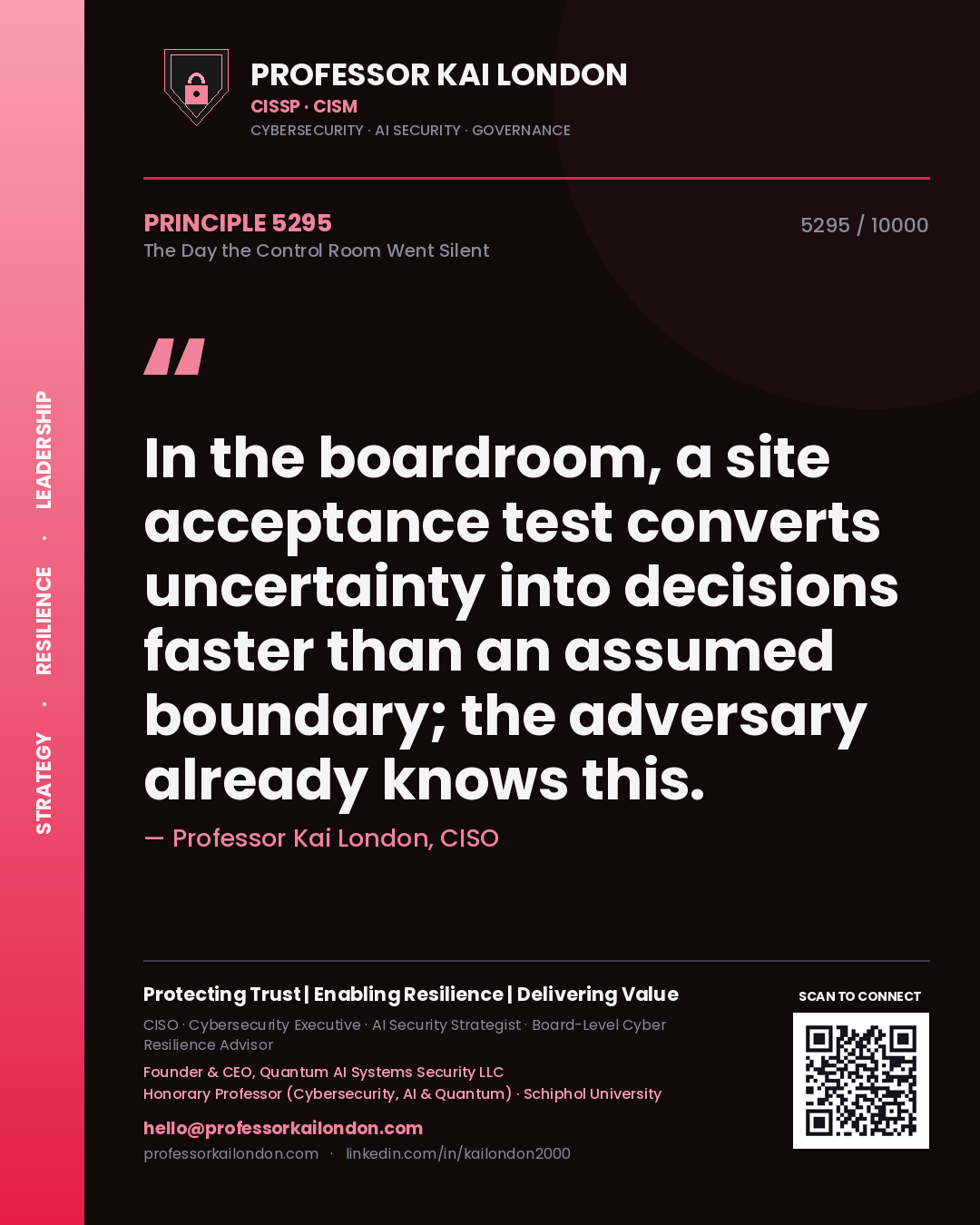 Quote card by Professor Kai London reading 'In the boardroom, a site acceptance test converts uncertainty into decisions faster than an assumed boundary; the adversary already knows this.'. From the book The Day the Control Room Went Silent.