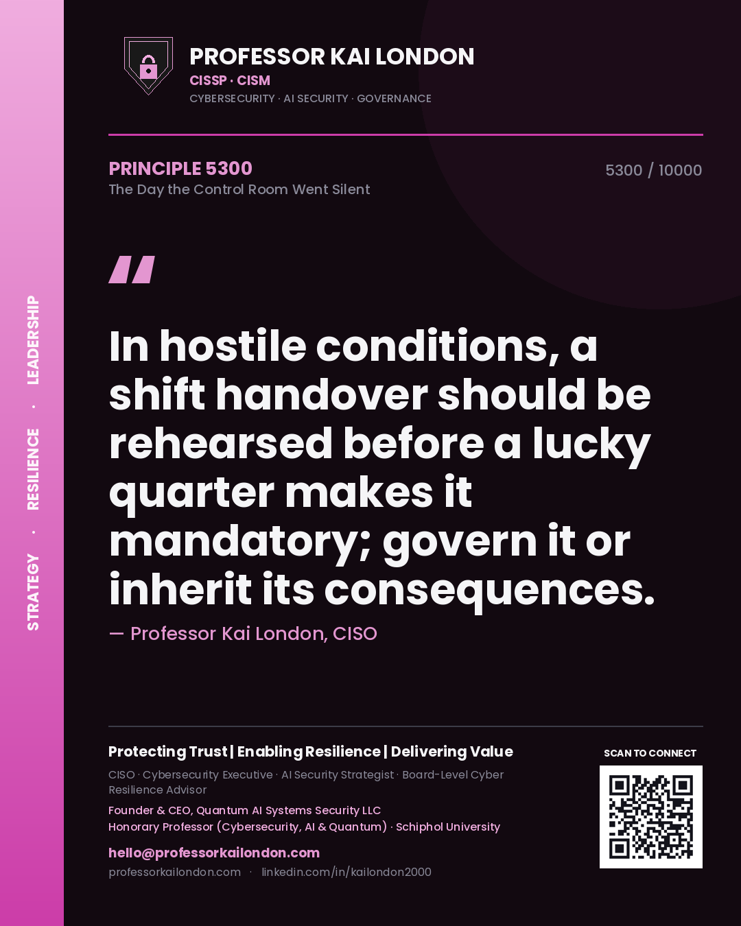 Quote card by Professor Kai London reading 'In hostile conditions, a shift handover should be rehearsed before a lucky quarter makes it mandatory; govern it or inherit its consequences.'. From the book The Day the Control Room Went Silent.