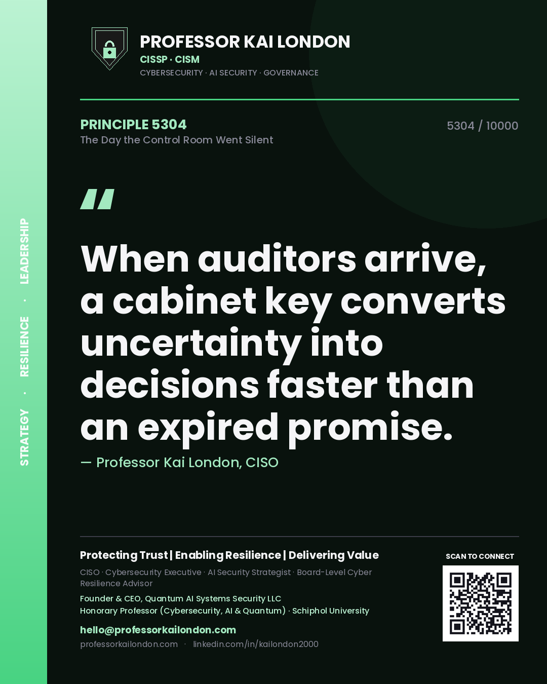Professor Kai London principle 5304: When auditors arrive, a cabinet key converts uncertainty into decisions faster than an expired promise.