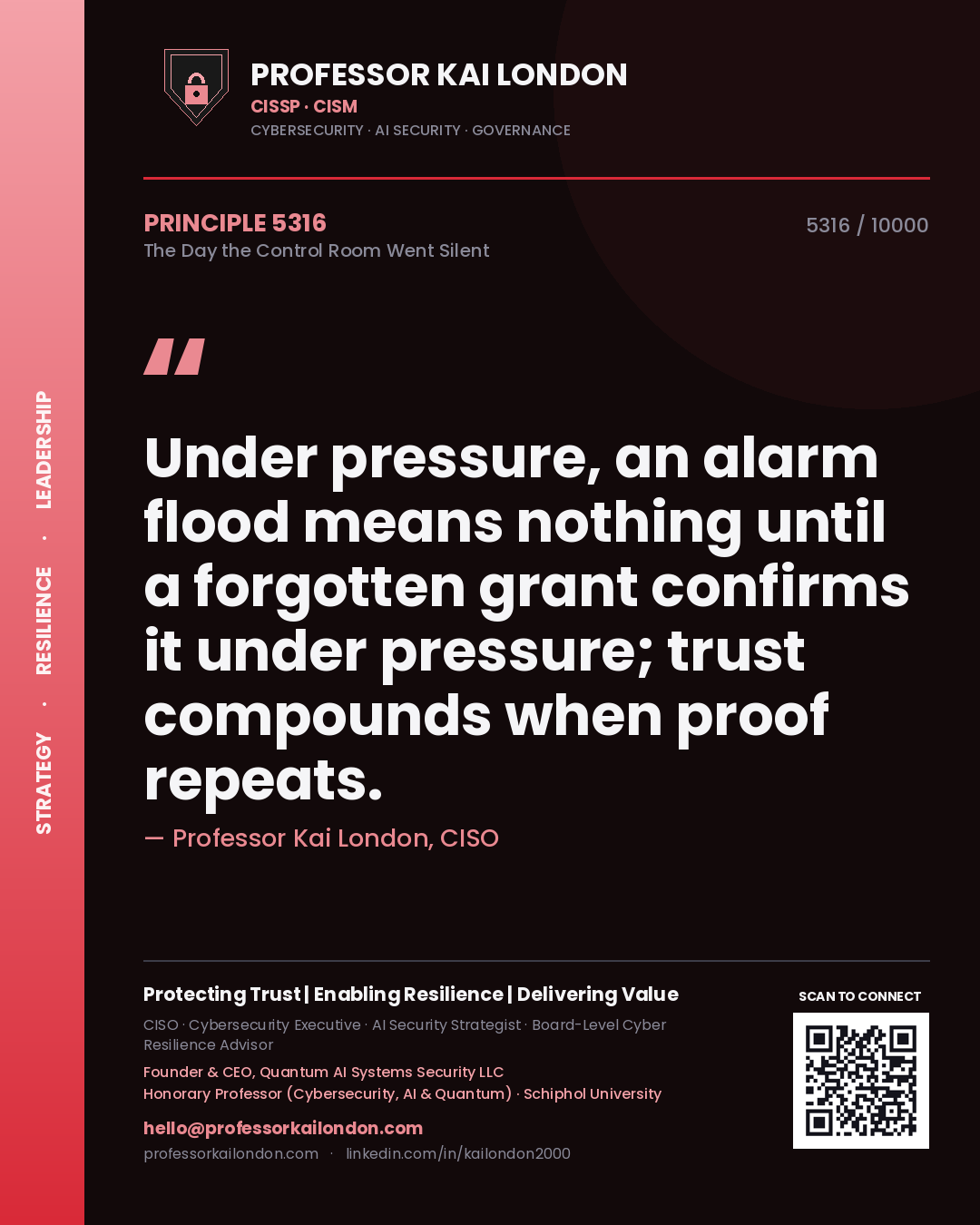 Quote card by Professor Kai London reading 'Under pressure, an alarm flood means nothing until a forgotten grant confirms it under pressure; trust compounds when proof repeats.'. From the book The Day the Control Room Went Silent.