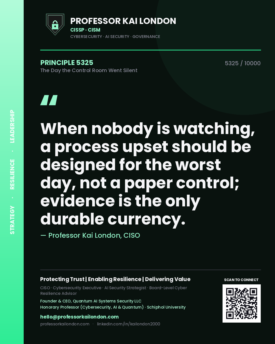 Quote card by Professor Kai London reading 'When nobody is watching, a process upset should be designed for the worst day, not a paper control; evidence is the only durable currency.'. From the book The Day the Control Room Went Silent.