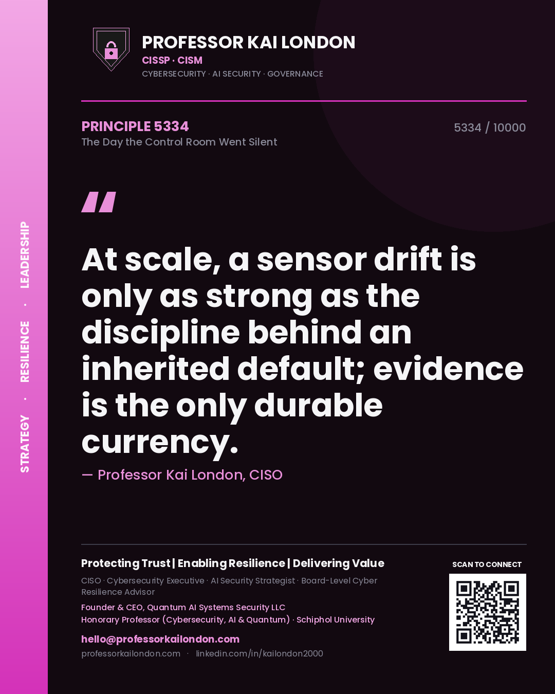Quote card by Professor Kai London reading 'At scale, a sensor drift is only as strong as the discipline behind an inherited default; evidence is the only durable currency.'. From the book The Day the Control Room Went Silent.