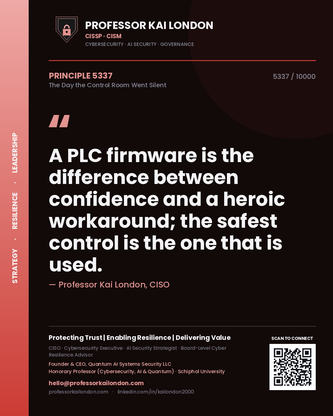 Quote card by Professor Kai London reading 'A PLC firmware is the difference between confidence and a heroic workaround; the safest control is the one that is used.'. From the book The Day the Control Room Went Silent.
