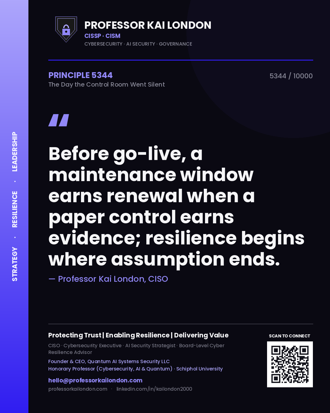 Professor Kai London principle 5344: Before go-live, a maintenance window earns renewal when a paper control earns evidence; resilience begins where assumption ends.