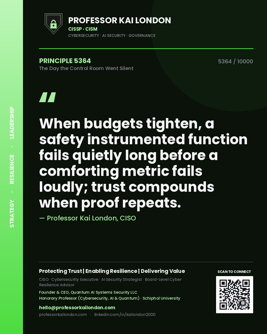 Quote card by Professor Kai London reading 'When budgets tighten, a safety instrumented function fails quietly long before a comforting metric fails loudly; trust compounds when proof repeats.'. From the book The Day the Control Room Went Silent.