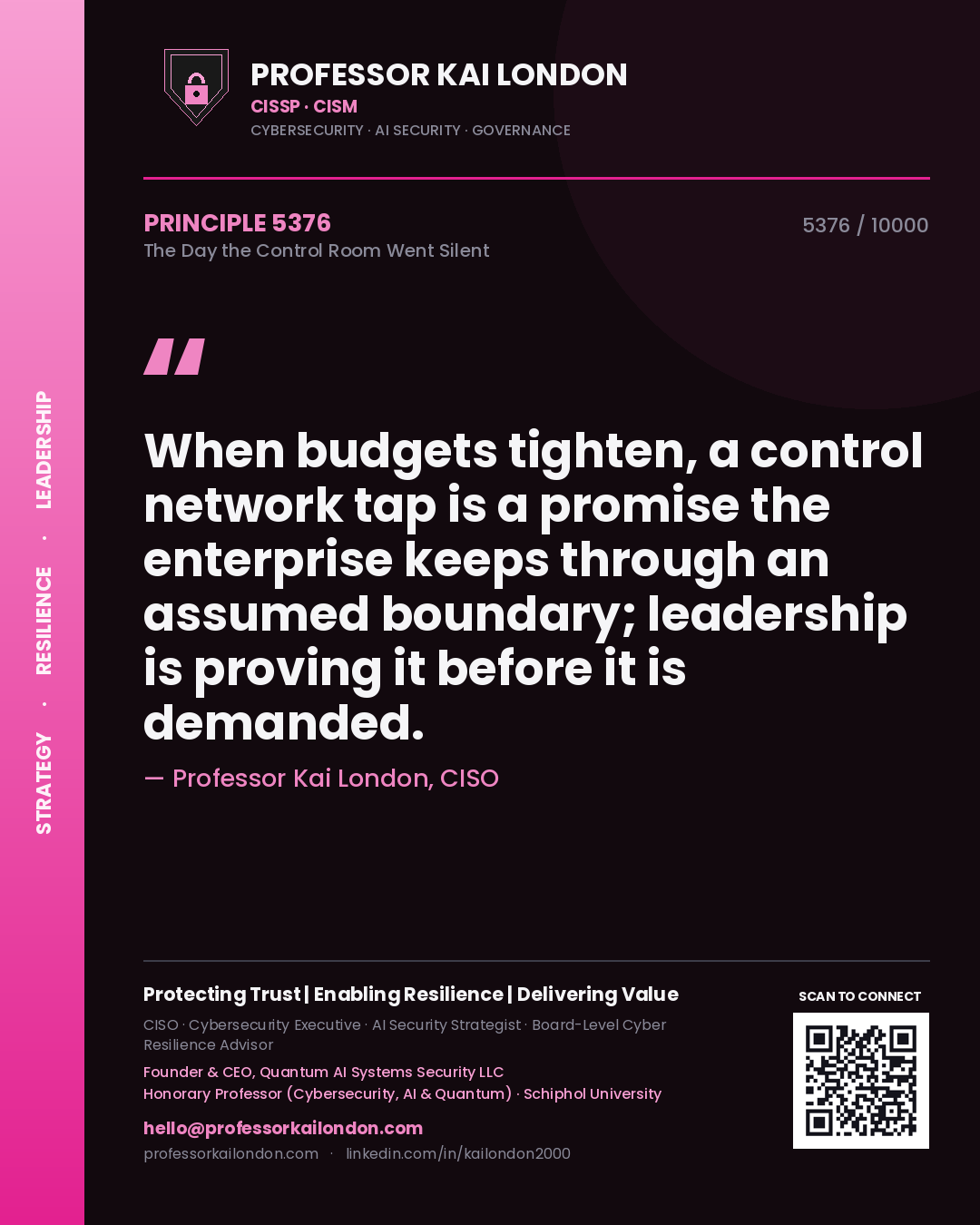Professor Kai London principle 5376: When budgets tighten, a control network tap is a promise the enterprise keeps through an assumed boundary; leadership is proving it before it is demanded.