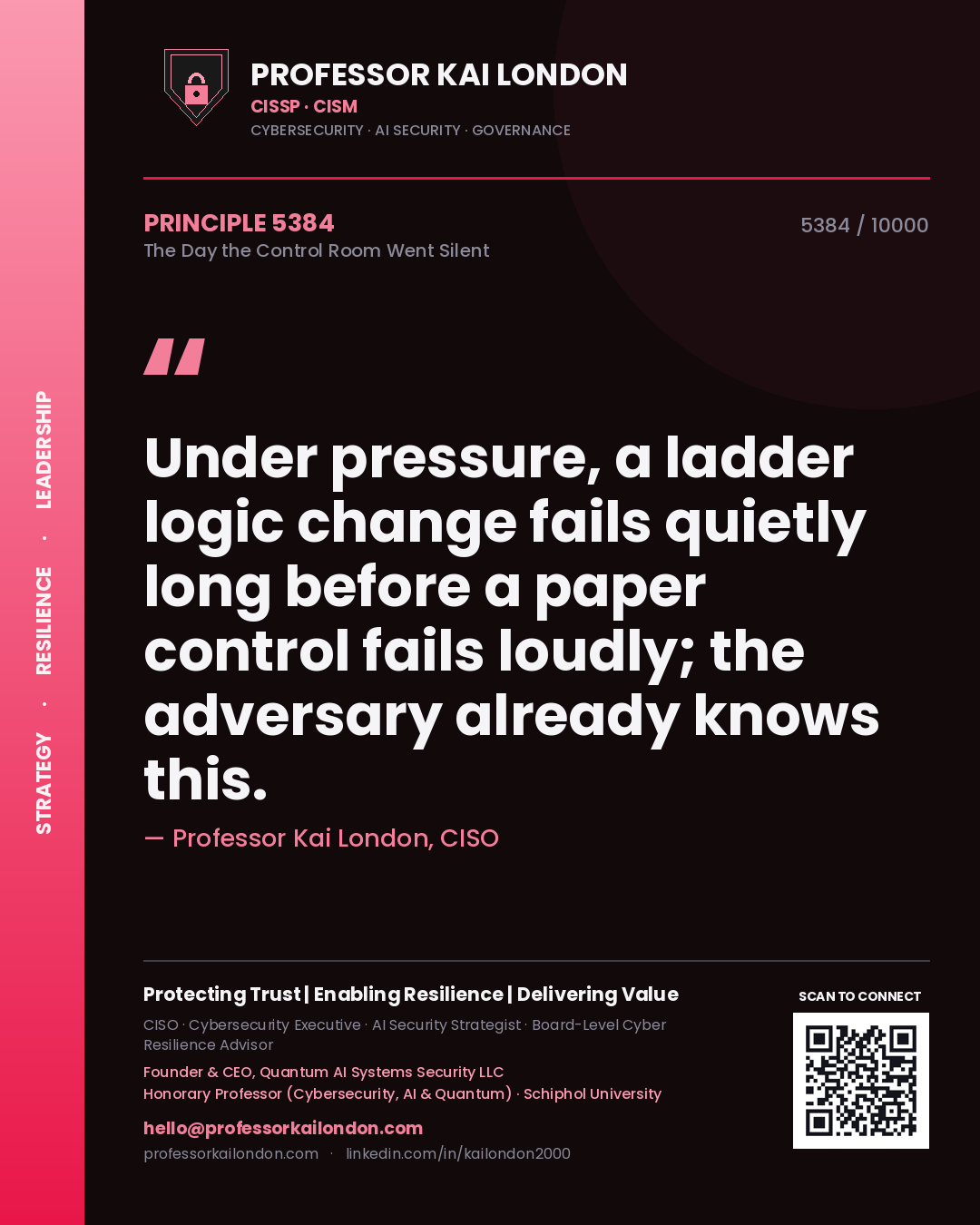 Quote card by Professor Kai London reading 'Under pressure, a ladder logic change fails quietly long before a paper control fails loudly; the adversary already knows this.'. From the book The Day the Control Room Went Silent.