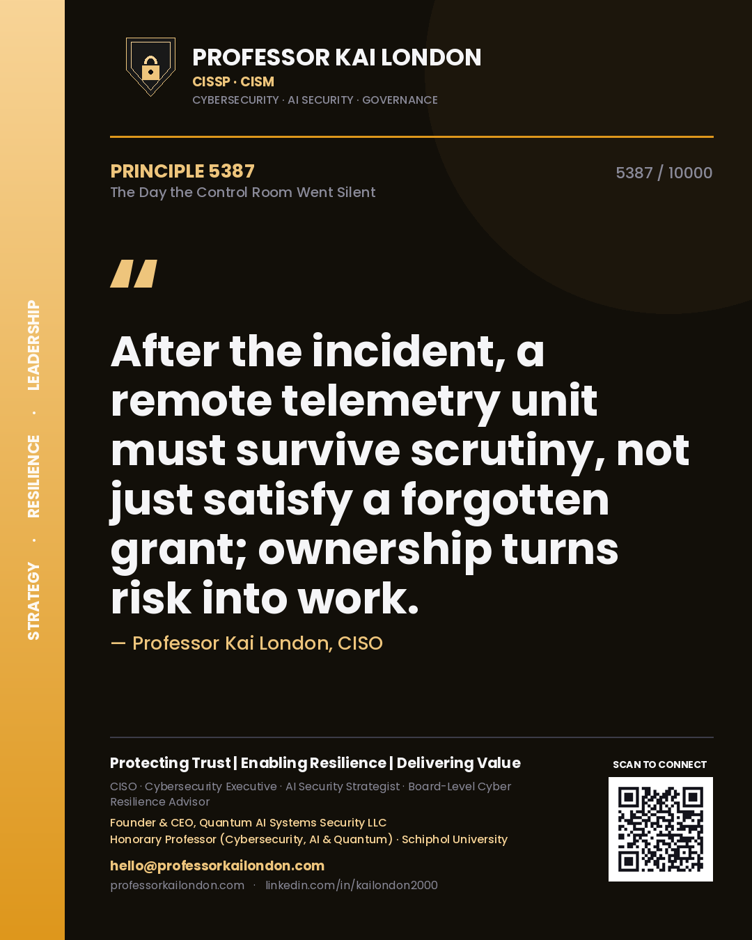 Professor Kai London principle 5387: After the incident, a remote telemetry unit must survive scrutiny, not just satisfy a forgotten grant; ownership turns risk into work.
