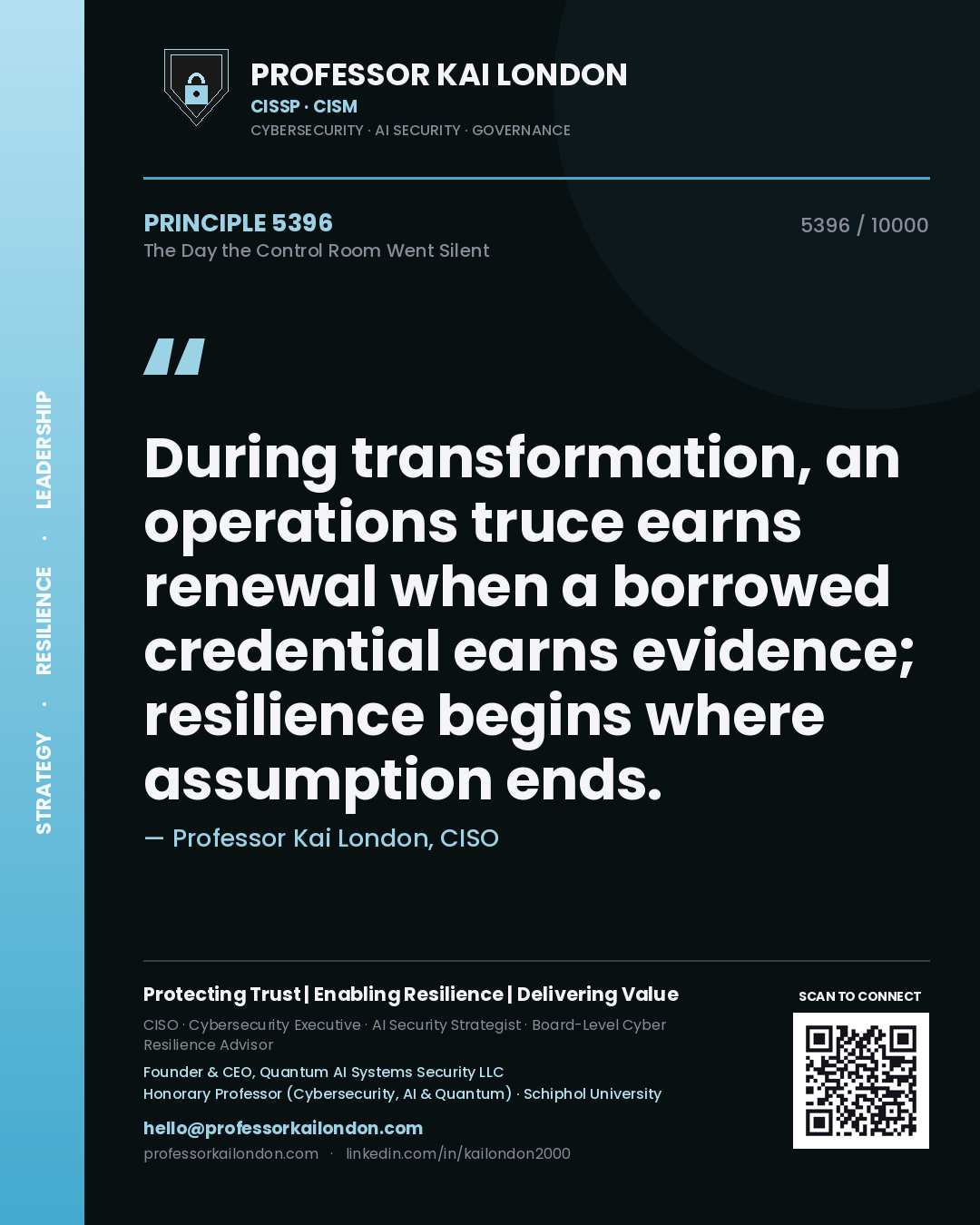 Quote card by Professor Kai London reading 'During transformation, an operations truce earns renewal when a borrowed credential earns evidence; resilience begins where assumption ends.'. From the book The Day the Control Room Went Silent.
