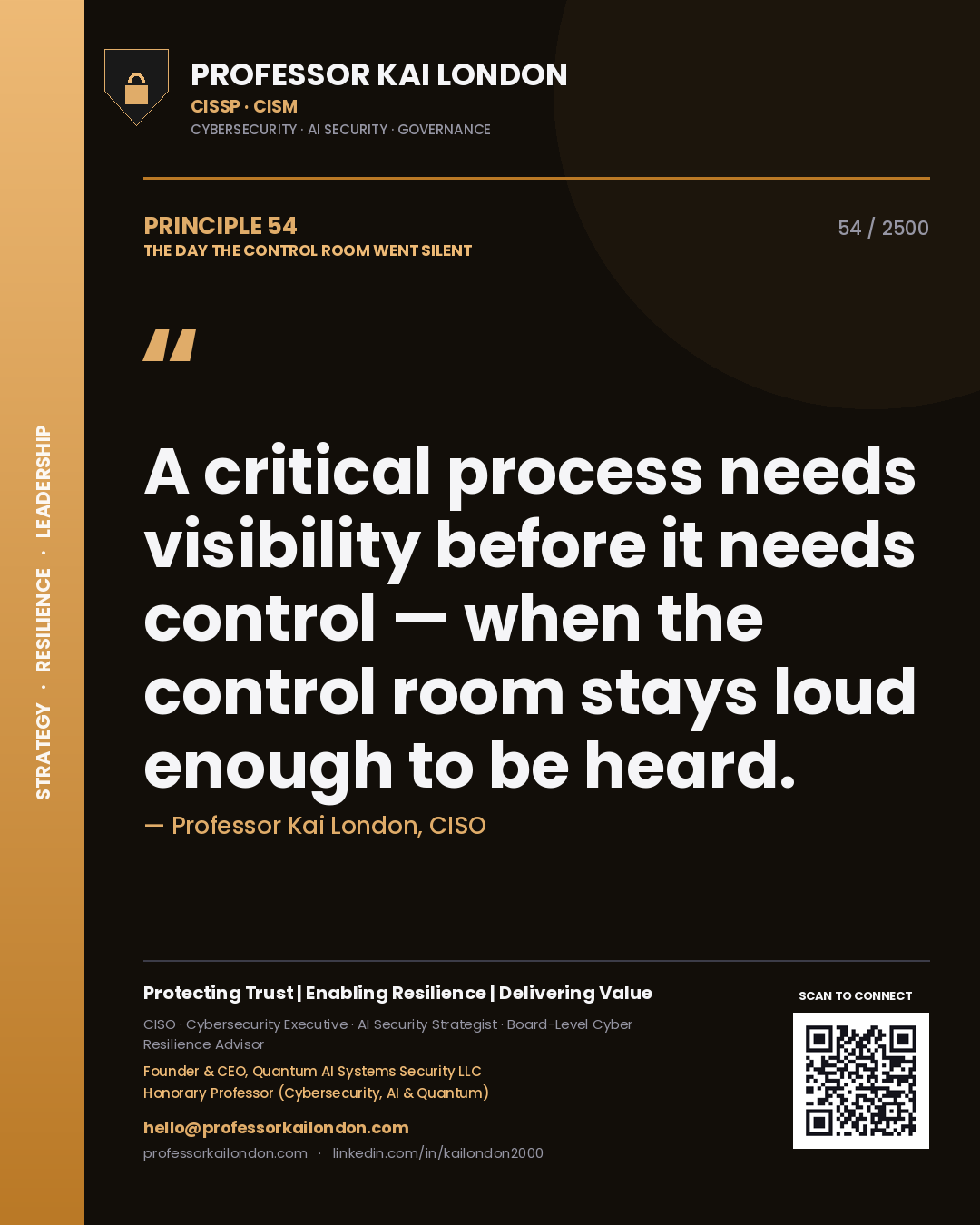 Quote card by Professor Kai London reading 'A critical process needs visibility before it needs control — when the control room stays loud enough to be heard.'. From the book The Day the Control Room Went Silent.