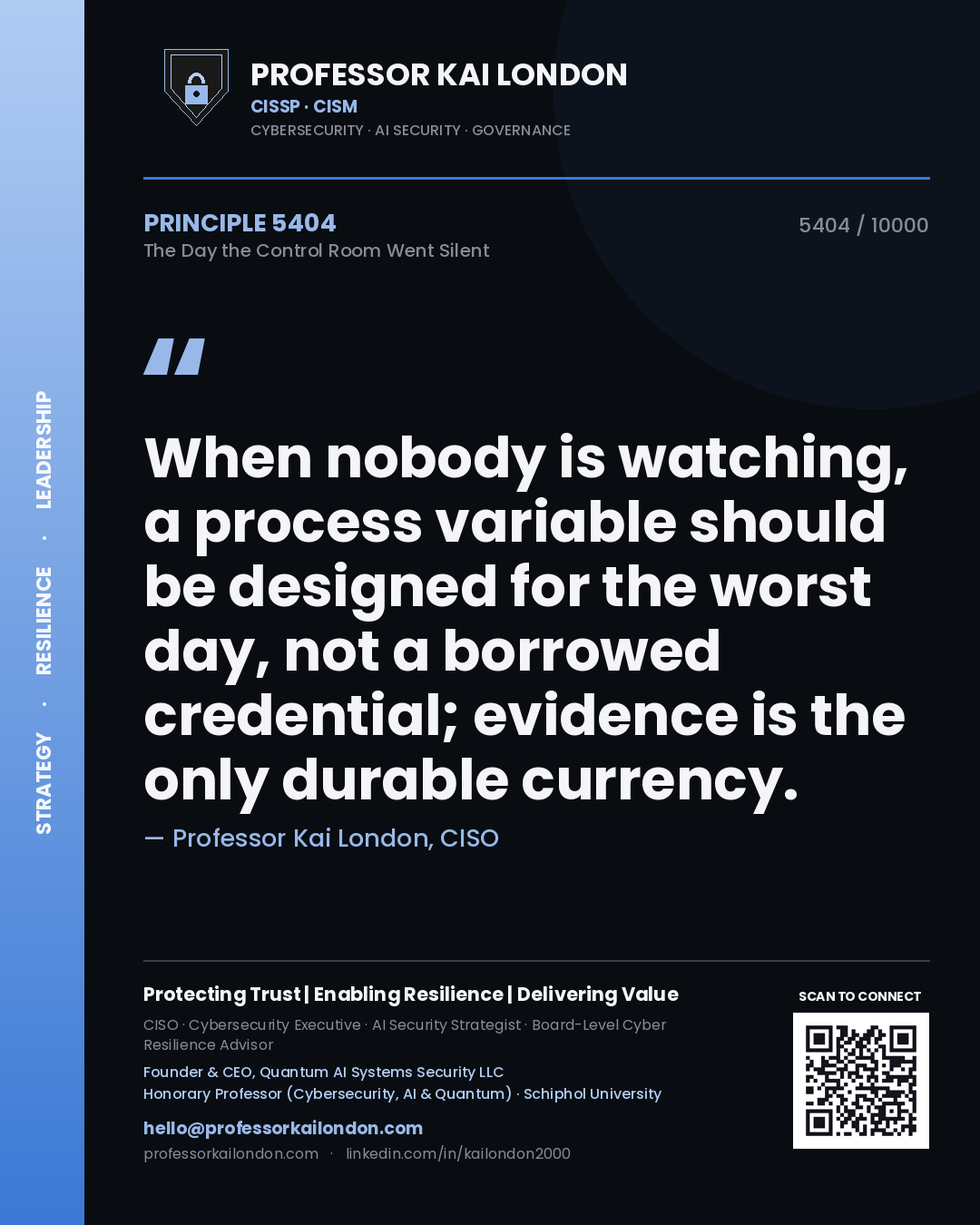 Professor Kai London principle 5404: When nobody is watching, a process variable should be designed for the worst day, not a borrowed credential; evidence is the only durable currency.