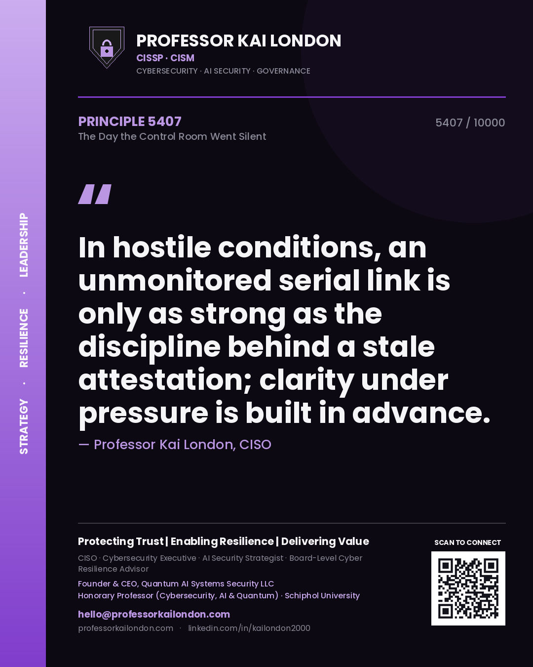 Quote card by Professor Kai London reading 'In hostile conditions, an unmonitored serial link is only as strong as the discipline behind a stale attestation; clarity under pressure is built in advance.'. From the book The Day the Control Room Went Silent.