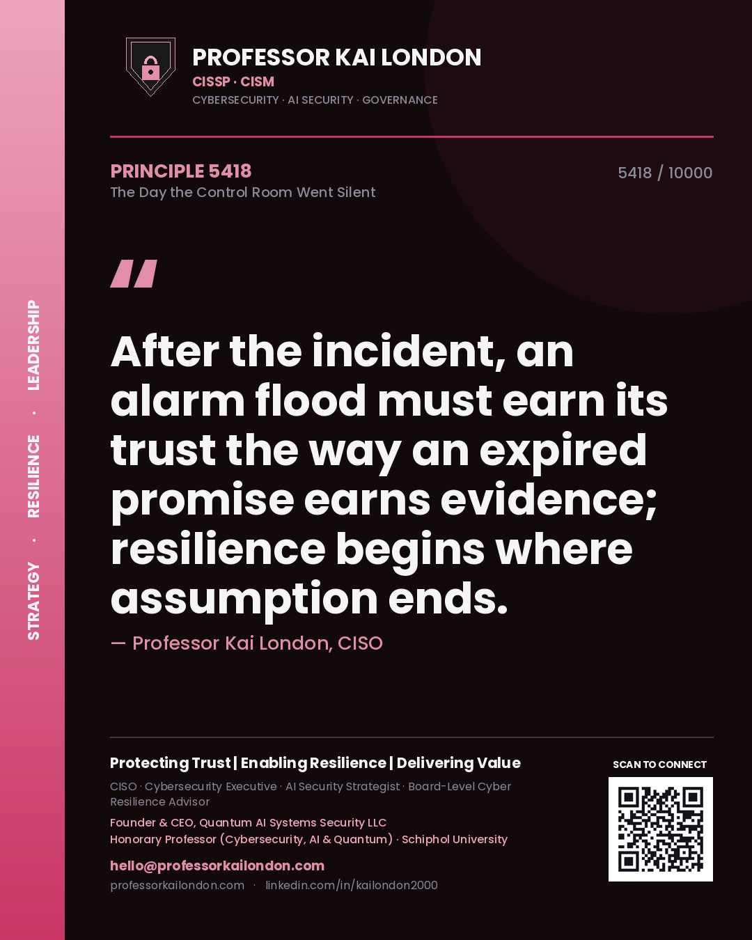 Quote card by Professor Kai London reading 'After the incident, an alarm flood must earn its trust the way an expired promise earns evidence; resilience begins where assumption ends.'. From the book The Day the Control Room Went Silent.